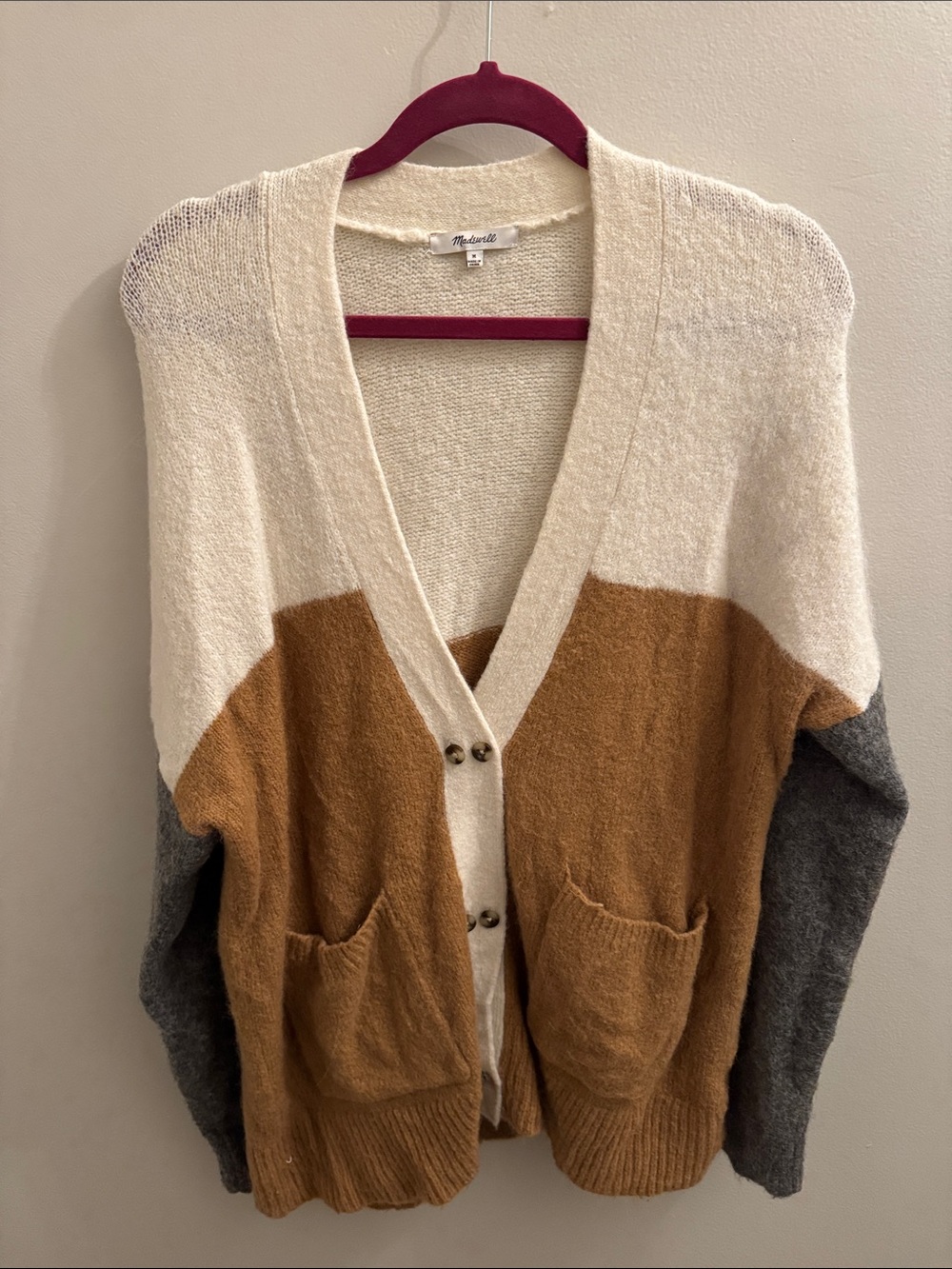 Madewell Color Block V-Neck Cardigan Sweater in Cream, Camel & Gray